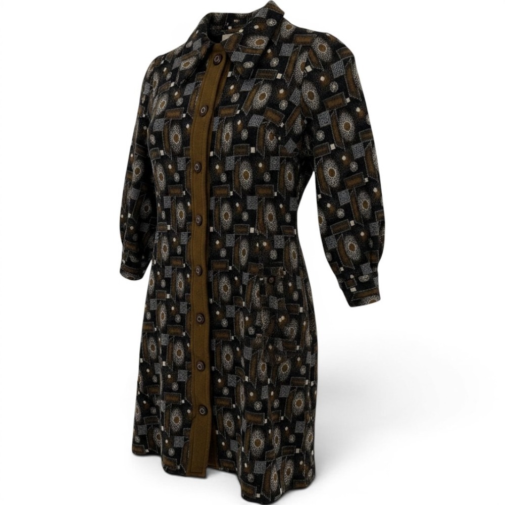 Vintage Couture Imports Wool Dress Womens 12 Brown Geometric Button Down Belgium